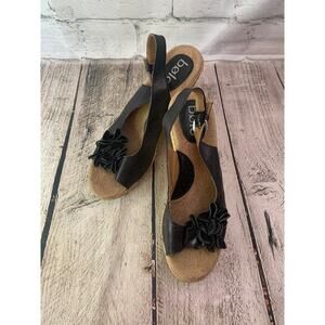BOLO' Women's Black Leather Flower Slingback Wedge Sandals / Size: 39-8